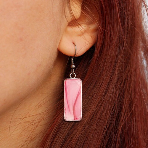 Artisan pink earrings with epoxy resin and stainless steel base, new