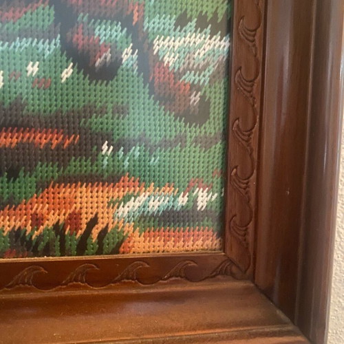 Embroidered painting like new with brown wooden frame and horses