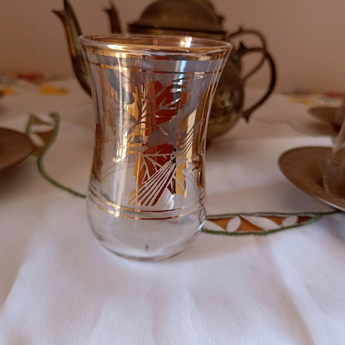 Vintage Turkish tea set with brass details and glass cups new