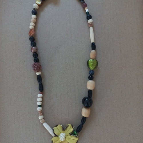Boho necklace handmade with yellow fabric flower and mixed earthy beads