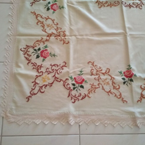 Embroidered handmade tablecloth used, beige with rose design