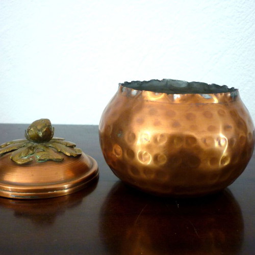 Vintage hammered bronze and copper fondue pot used