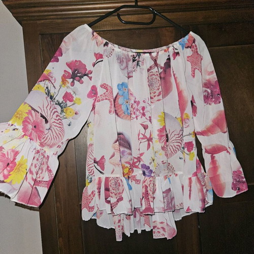 See Through blouse with open shoulders like new, white multicolor