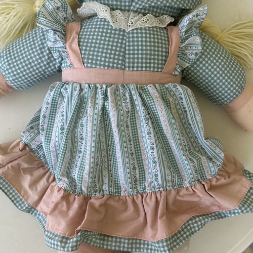 Large fabric doll 68 cm used with blonde braids and floral dress