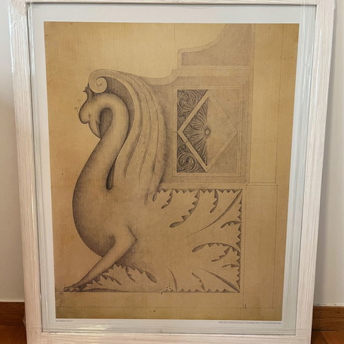 Silk screen printing architectural print in white wooden frame new