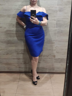Short formal dress new with blue stones, off-shoulder, Turkish blue