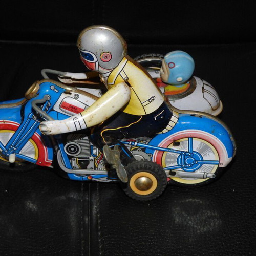 Vintage MS-709 China used wind-up tin toy motorcycle with sidecar