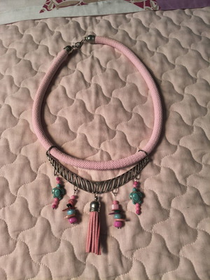 Handmade statement necklace with pink braided cord and turquoise turtles