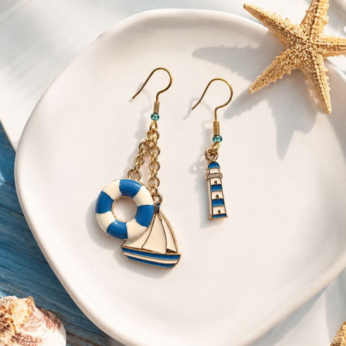 Handmade Asymmetric Earrings Sailing Trip with Sailboat, Lifebuoy & Lighthouse