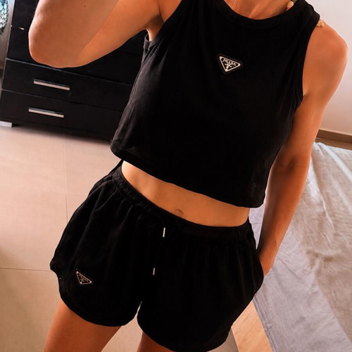 Prada inspired black rib crop top and shorts set