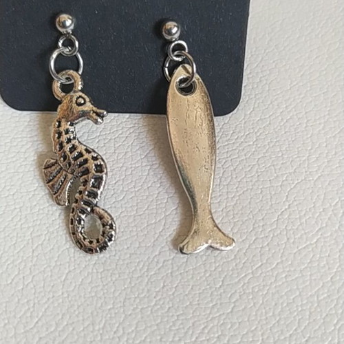 Summer earrings with seahorse and fish, new, silver