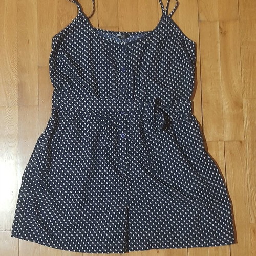 Polka dot romper with integrated belt, white and blue, size L