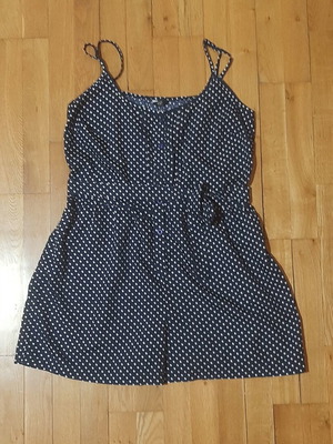 Polka dot romper with integrated belt, white and blue, size L