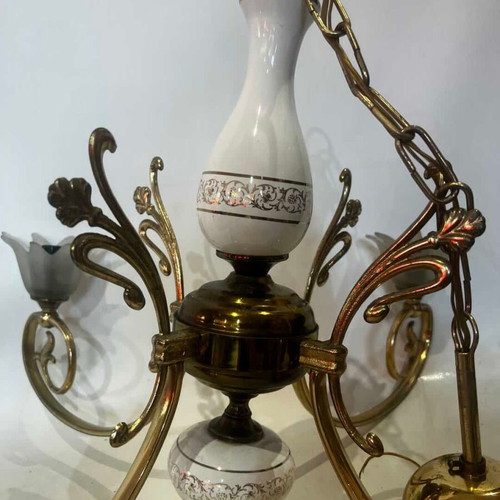 Vintage ceiling light brass with porcelain details used