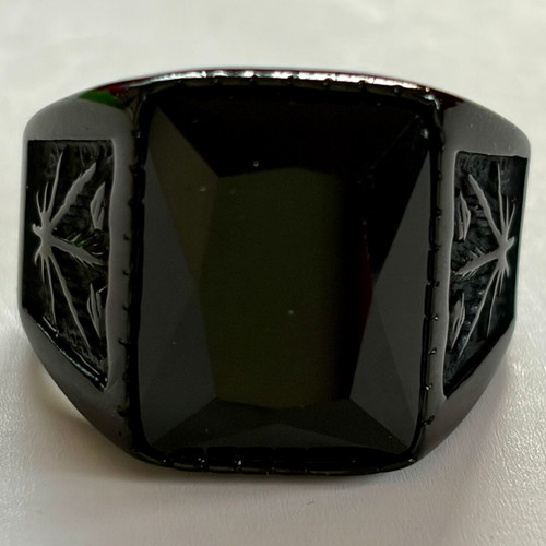 Black Crystal Signet Ring brand new, palm leaf design, 316L stainless steel