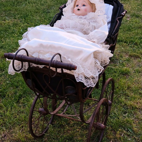 Antique collector rattan stroller set with porcelain doll used