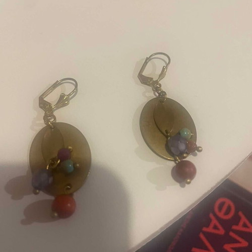 Handmade metal dangle earrings with beads, like new, gold-colored