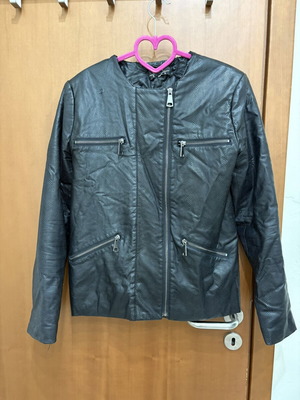 Faux leather women's jacket used, size S, black, quilted lining