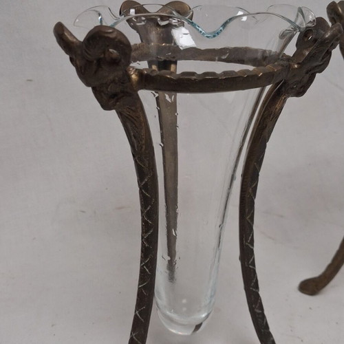 Art Nouveau vases with bronze bases and original blown glass inserts, like new