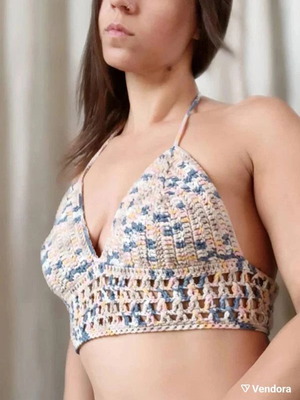 Handmade Crochet Halter Top, multicolor cotton, Medium