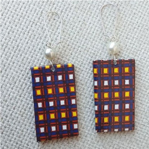Double-sided earrings handmade from recycled paper, red and yellow