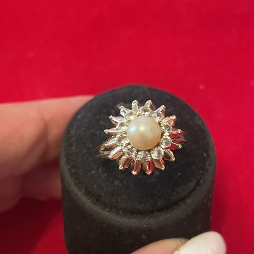 Gold ring 14k with pearl and semi-precious stones, used, size 55