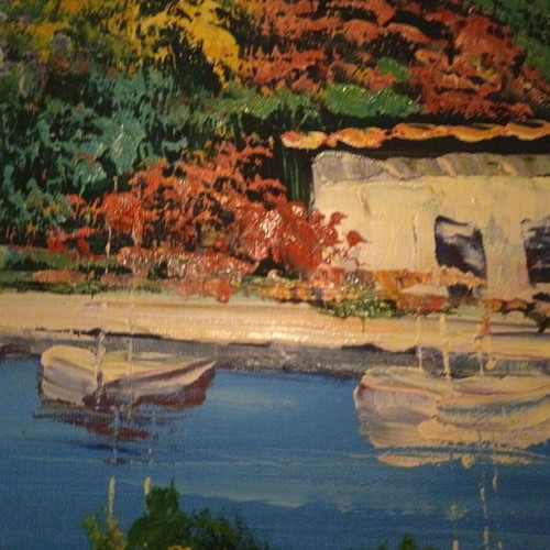 Landscape painting like new with golden frame, large size