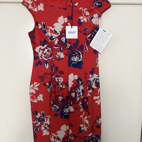 Liu Jo Red Fitted Dress with Large Flowers New Size 42