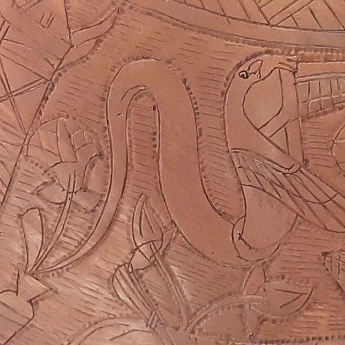 Bronze tray used with Egyptian designs and folding wooden stand