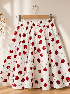 Vintage Cherry Print High Waist Skirt like new, white