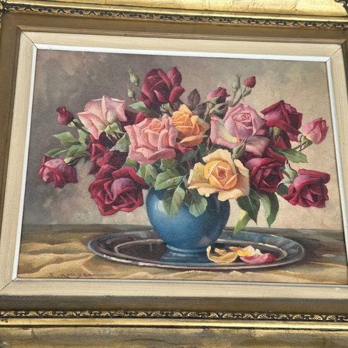 Vintage oil painting on canvas with roses in embossed gold wooden frame, used