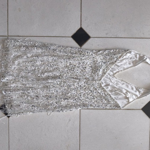 Mini dress with sequins and fringes, white and silver