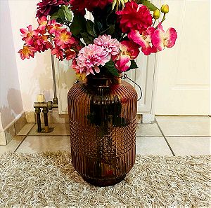 Γυάλινο Βάζο μεγάλο 38 cm Υψος με ψεύτικα λουλούδια