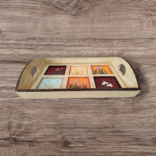Wooden serving tray like new with six decorated sections