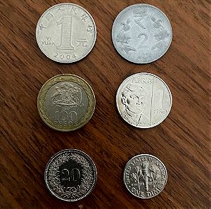 6 ξένα κερματα ( ΗΠΑ , ΙΝΔΙΑ , ΕΛΒΕΤΙΑ , ΚΙΝΑ , ΧΙΛΗ , ΦΙΛΙΠΠΙΝΕΣ )