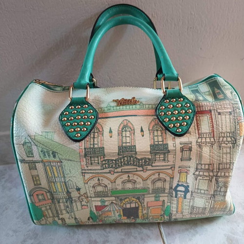 Verde handbag like new, turquoise with urban patterns