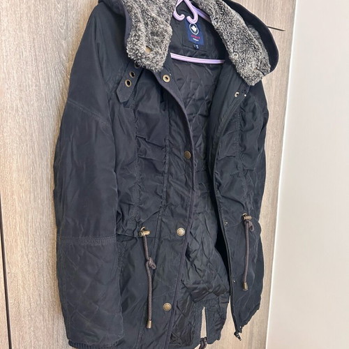 Blue women's jacket with detachable fur hood used