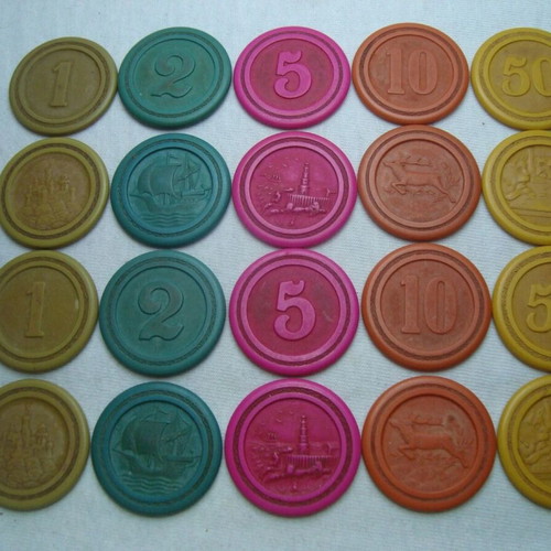 Vintage embossed casino poker chips used, set of 20 from 1950s