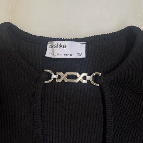 Bershka Black Long-Sleeve Ribbed Top with Chest Cut-Out and Chain, Like New, Medium