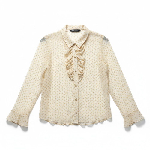 Zara Sheer Polka Dot Ruffle Blouse, cream, size XS