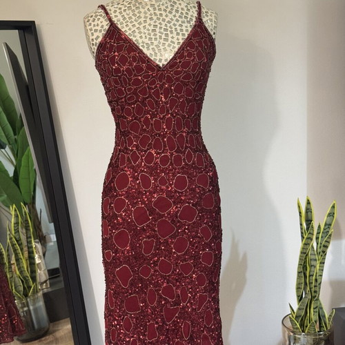 Vintage Charly Silk Beaded Midi Dress Burgundy sequined, like new, size S