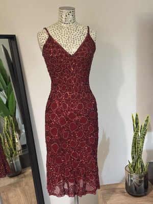 Vintage Charly Silk Beaded Midi Dress Burgundy sequined, like new, size S