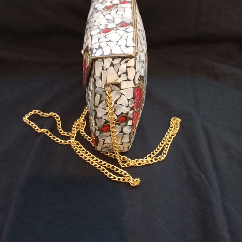 Handmade metal mosaic clutch with mother of pearl and gold chain, like new