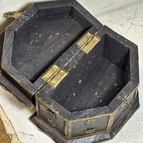 Vintage wooden jewelry box with brass decorations used