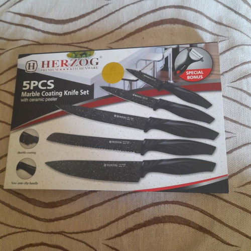 Herzog kitchen knife set 5 pieces with marble coating and peeler new