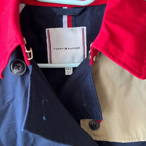Tommy Hilfiger trench coat, size 32, red and beige, oversized