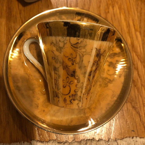 Coffee set used, gold-orange, 5 cups and 6 saucers, antique