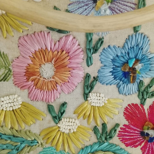 Handbag with embroidery used, bamboo handles, linen and cotton fabric
