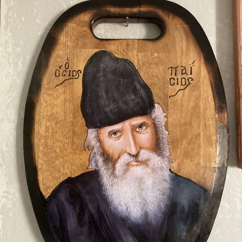 Saint Paisios image silk screen on wooden cutting board