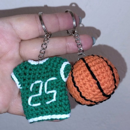 Crochet keychain set with basketball and t-shirt, new